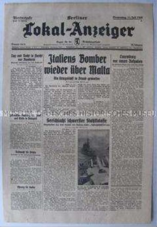 Tageszeitung "Berliner Lokal-Anzeiger" u.a. zur Bombardierung Maltas durch die italienische Luftwaffe
