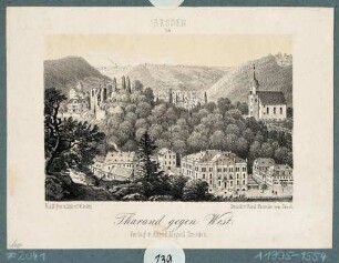 Blick über Tharandt nach Nordwesten mit Burgruine, Berg- und Stadtkirche und Forstakademie