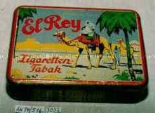 Blechdose für 50g Tabak "El Rey Zigaretten-Tabak" (Abbildung: zwei Kamele mit Reitern in einer Wüstenlandschaft)
