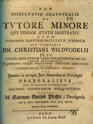 Dissertatio inavgvralis De tvtore minore qvi veniam aetatis impetravit