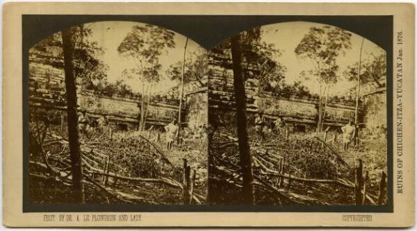 Deforested trees, workers. Temple facade in the background.