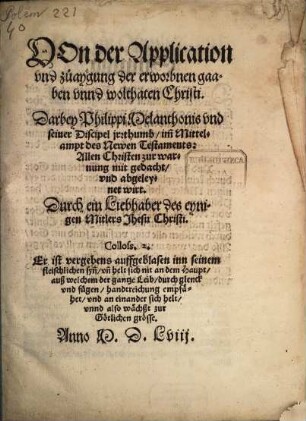 Von der Application vnd zuaygung der erworbenen gaaben vnd wohltaten Christi