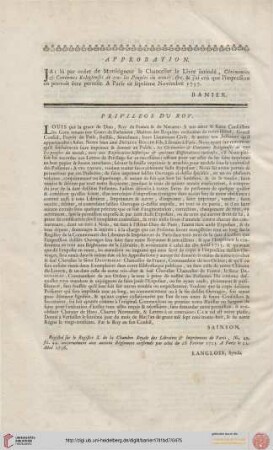Approbation; Privilege du Roy