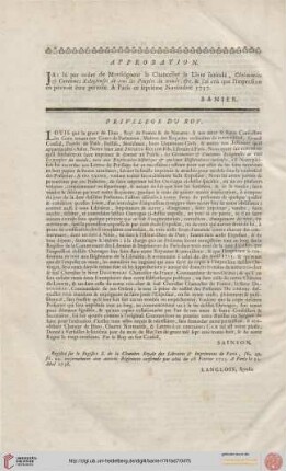 Approbation; Privilege du Roy