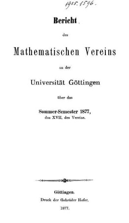 17.1877: Bericht des Mathematischen Vereins an der Universität Göttingen
