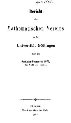 17.1877: Bericht des Mathematischen Vereins an der Universität Göttingen