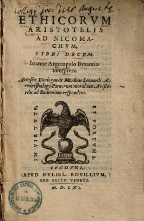 Ethicorum Aristotelis ad Nicomachum, libri decem