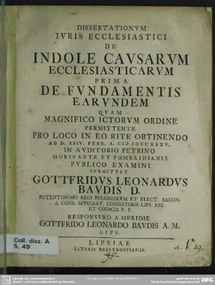 Dissertationum Iuris Ecclesiastici De Indole Causarum Ecclesiasticarum Prima De Fundamentis Earundem