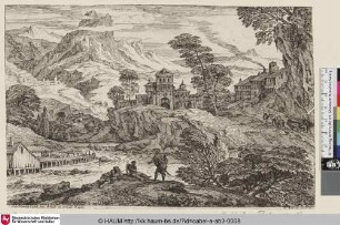 [Berglandschaft mit zwei am Fluss rastenden Männern im Gespräch mit einem Soldaten, im Hintergrund ein Hirte mit Rindern; Mountaintop Surrounded by Clouds; La cime de la montagne entourée de nues]