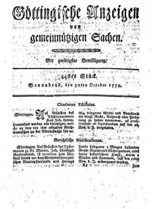 44tes Stück. Sonnabend, den 30ten October 1779.