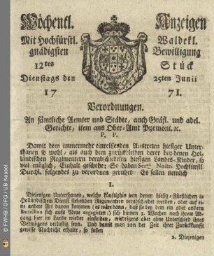 12tes Stück, Dienstags den 25ten Junii 1771