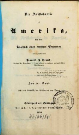 Die Aristokratie in Amerika : aus dem Tagebuch eines deutschen Edelmanns, 2