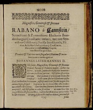 Magnifico, Generoso & strenuo Domino Rabano a Cannstein [...]