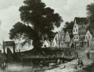 Dorfstraße an einem Kanal : Dorfstraße an einem Kanal mit Hafen, Gemälde, 1614