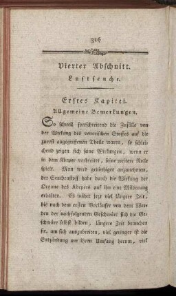 Vierter Abschnitt. Lustseuche. Erstes Kapitel. Allgemeine Bemerkungen – Fünfzehentes Kapitel. Von der Lustseuche bei den neugebohrnen Kindern