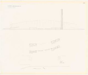 Stadion Oberwiesenfeld, München: Mappe »Wettbewerb Stadion München, Entwurf Professor Werner March«. 2 Grundrisse Haupteingang (EG und 1.OG), Ostansicht mit Ansicht Turm und Haupteingang, ca. 1:660