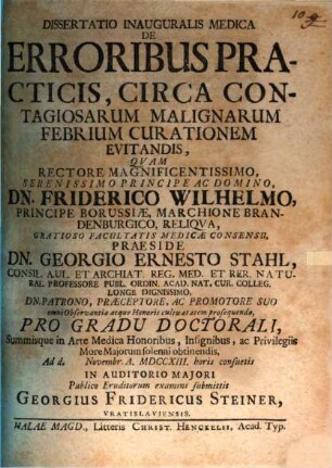Dissertatio Inauguralis Medica De Erroribus Practicis, Circa Contagiosarum Malignarum Febrium Curationem Evitandis