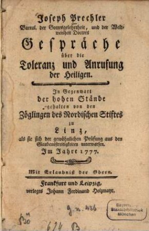 Gespraeche ueber die Toleranz und Anrufung der Heiligen