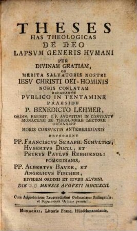 Theses Has Theologicas De Deo Lapsum Generis Humani Per Divinam Gratiam ... Reparante