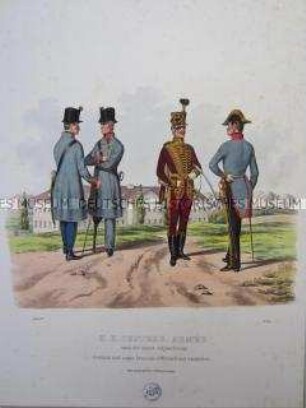 Uniformdarstellung, Deutsche und Ungarische Pensions-Offiziere und Invaliden, Österreich, 1840. Tafel aus: Trentsensky: K.K. Oesterreichische Armée nach der neuen Adjustirung.