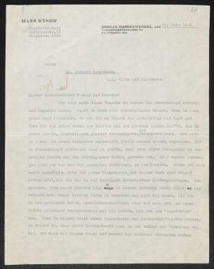 Brief von Hans Kyser an Gerhart Hauptmann