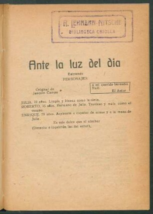 Ante la luz del día : Entremés