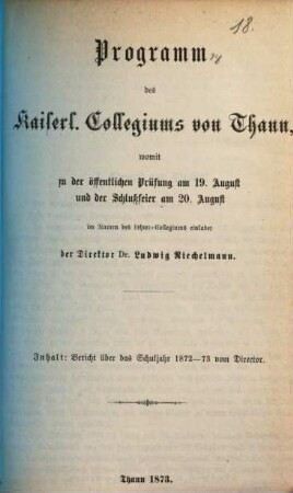 Programm des Kaiserlichen Collegiums von Thann, 1872/73