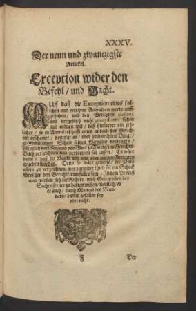 Der neun und zwantzigste Artickel. Exception wider den Befehl/ und Macht.