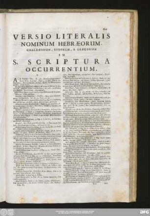 Versio Literalis Nominum Hebraeorum, Chaldaeorum, Syrorum, & Graecorum in S. Scriptura Occurrentium.