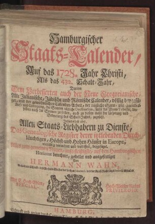 1728: Hamburgischer Staats-Kalender : auf das Jahr