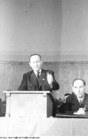 Dresden, Tolkewitz. II. Landesparteitag der SPD Sachsen in "Donaths Neuer Welt", Max Fechner, 6. April 1946