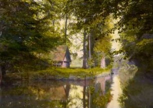 Partie im Spreewald mit Bauernhaus an einem Fließ : Spreewald. Kleines Bauernhaus an einer Wiese. Blick über ein Fließ mit desolater Uferbefestigung