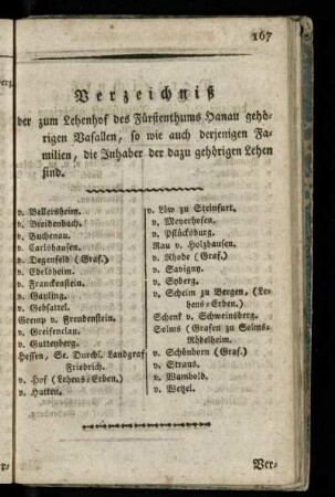 Verzeichniß der zum Lehenhof des Fuerstenthums Hanau gehoerigen Vasallen, so wie auch derjenigen Familien, die Inhaber der dazu gehoerigen Lehen sind