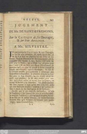Jugement De Mr. De Saint-Evremond, Sur la Critique de ses Ouvrages, & sur leur Apologie. A Mr. Silvestre.