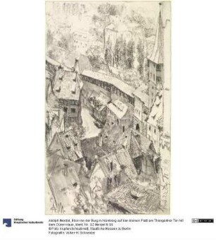 Blick von der Burg in Nürnberg auf den kleinen Platz am Thiergärtner Tor mit dem Dürer-Haus