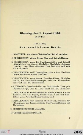 Dienstag, den 1. August 1933, ab 10 Uhr (Nr. 1-340)