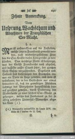 Zwehnte Anmerckung. Vom Ursprung, Wachsthum und Abnehmen der Französischen See-Macht