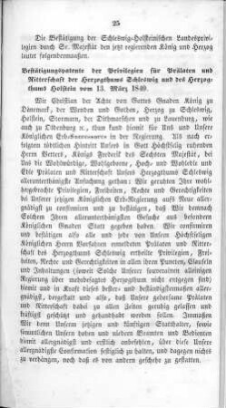 Bestätigungspatente der Privilegien für Prälaten und Ritterschaft der Herzogthums Schleswig und des Herzogthums Holstein vom 13. März 1840.