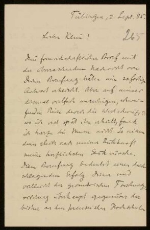Nr. 265 Brief von Alexander von Brill an Felix Klein. Tübingen, 2.9.1885
