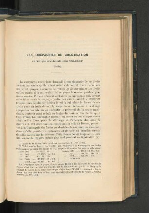 Le Compagnies de colonisation en Afrique Occidentale sous Colbert, par P. Chemin-Dupontés (avec carte).