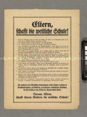 Programmatischer Aufruf an die Eltern zur Trennung von Schule und Kirche und Schaffung weltlicher Schulen