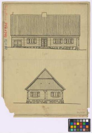 Seehesten (Landkreis Sensburg): Holzhaus. [Wohnhaus] (Seiten-Ansicht, Giebel-Ansicht)