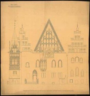 Rathaus, Breslau Umbau: Aufriss der Ostfassade, Maßstabsleiste