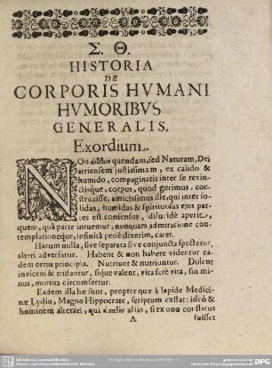 Historia De Corporis Humani Humoribus Generalis. Exordium