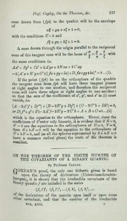 On the theorem of the finite number of the covariants of a binary quantic.