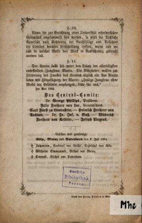 Statuten des Vereines für Gründung einer freien katholischen Universität in Deutschland