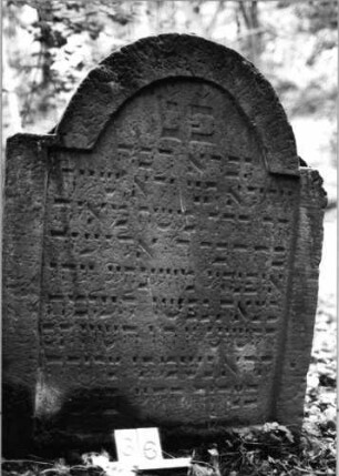 Grabstein 36 (Index: 99804118) Material: Sandstein Zustand: an Seite abgebroch/sonst gut Maße HxBxT: 107x88x13 cm Beschreibung: Stele mit eingezogenem Rundbogen und Inschriftenfeld Besonderheit: Zitat nach Gen.35, 18: Grabstein 36