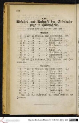 XIV. Abfahrt und Ankunft der Eisenbahnzüge in Hildesheim
