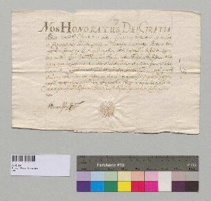 Abt Honoratus von Kloster Seeon stellt dem Subprior Frater Franziskus Ölperl (Ölperle) und seinem Diener einen Passierschein für die Hin- und Rückreise nach Österreich aus. S: Abt Honoratus v. Kloster Seeon