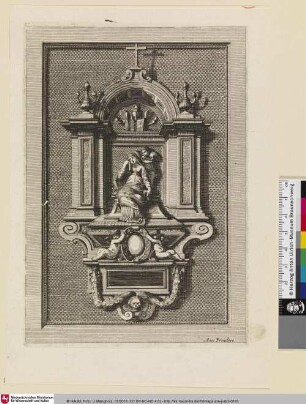 [Epitaph mit einer weinenden weiblichen Figur, der ein Kind einen Totenschädel präsentiert; Mausolée épitaphe avec une femme assise en pleurs à qui un enfant présente un crâne]